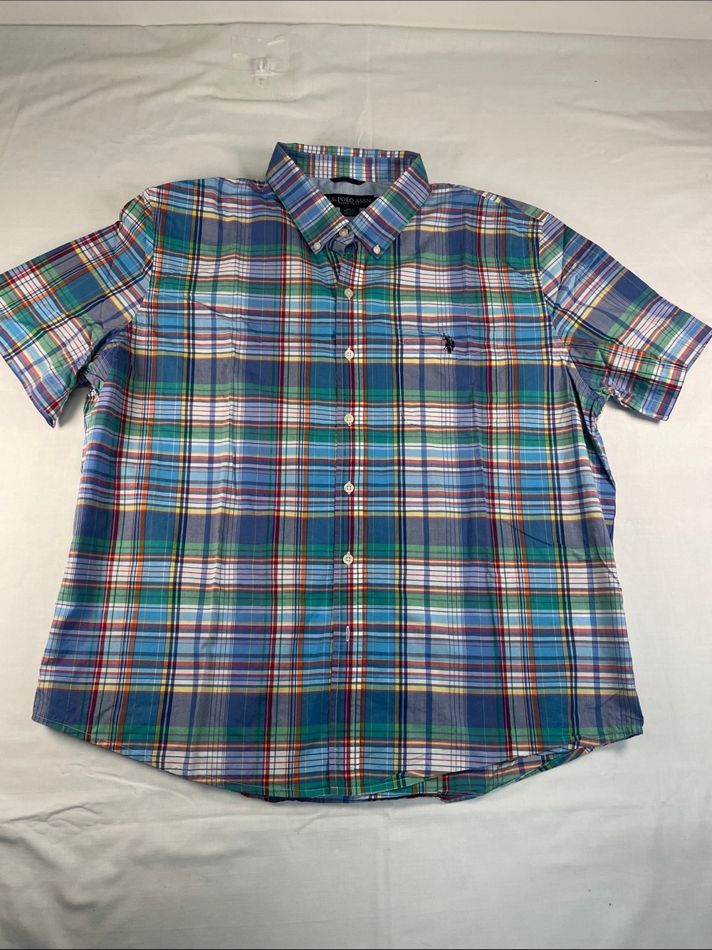 U.S. Polo Assn. Blue Green Multi Plaid Short-Sleeve Button-Down Cotton Shirt XXL